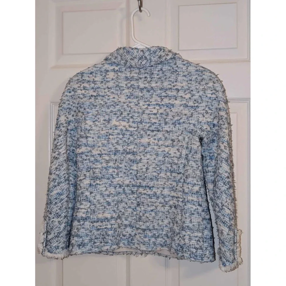 Leggiadro Blue White Boucle Tweed‎ Jacket Fringe Trim Silk Lined Size 2